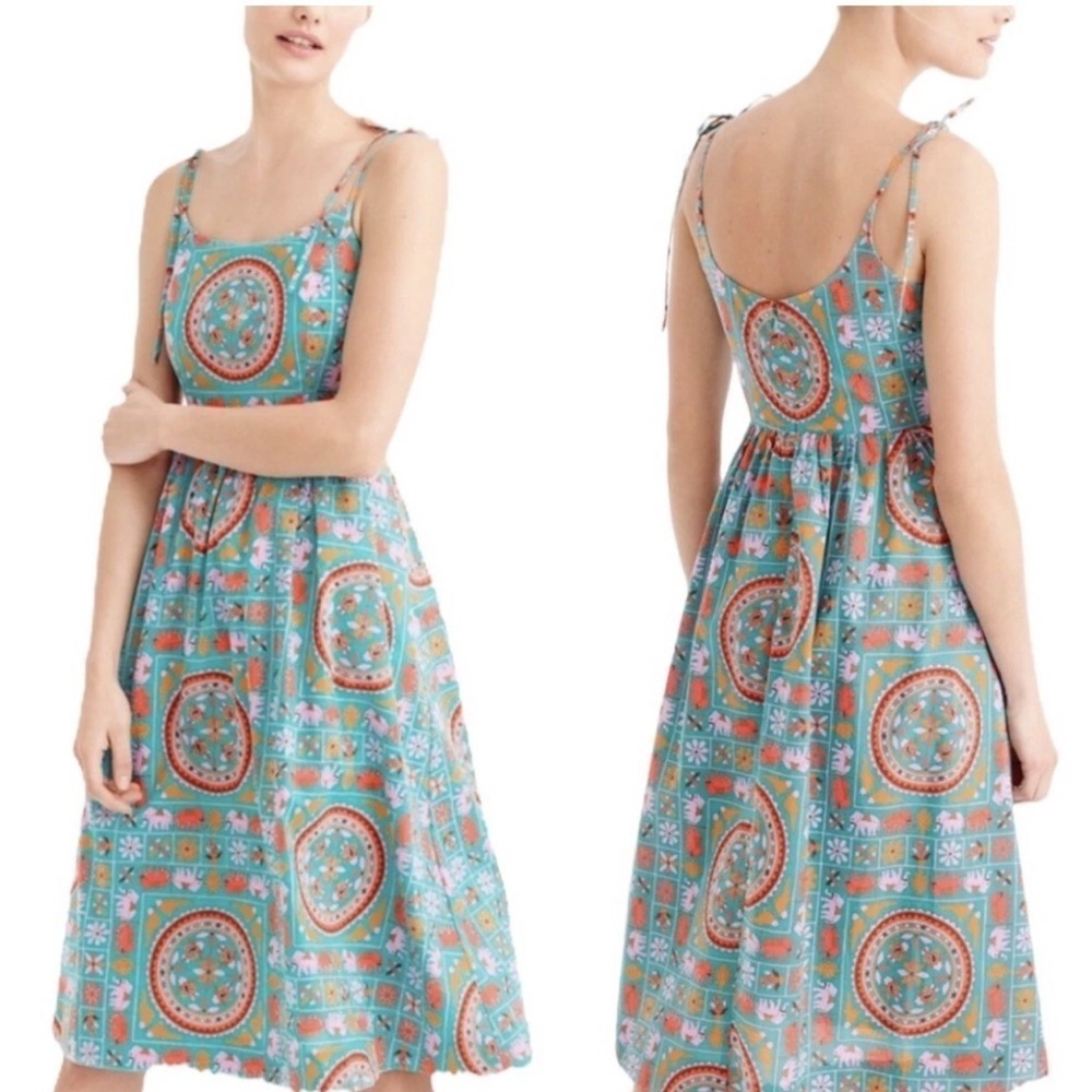 J CREW Drakes London Green Midi Dress Sz 2 Elephant Birds Animal Print Fit Flare